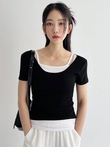 DAZY Women's Summer Casual Solid Color Slim Fit Round Neck Short Sleeve T-Shirt And Camisole 2pcs/Set