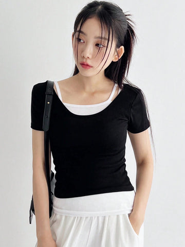 DAZY Women's Summer Casual Solid Color Slim Fit Round Neck Short Sleeve T-Shirt And Camisole 2pcs/Set