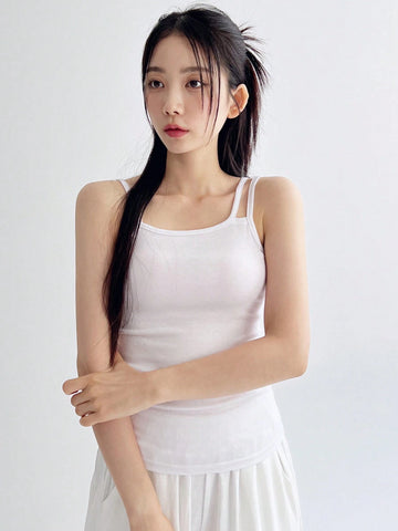 DAZY Women's Summer Casual Solid Color Slim Fit Round Neck Short Sleeve T-Shirt And Camisole 2pcs/Set