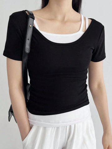 DAZY Women's Summer Casual Solid Color Slim Fit Round Neck Short Sleeve T-Shirt And Camisole 2pcs/Set