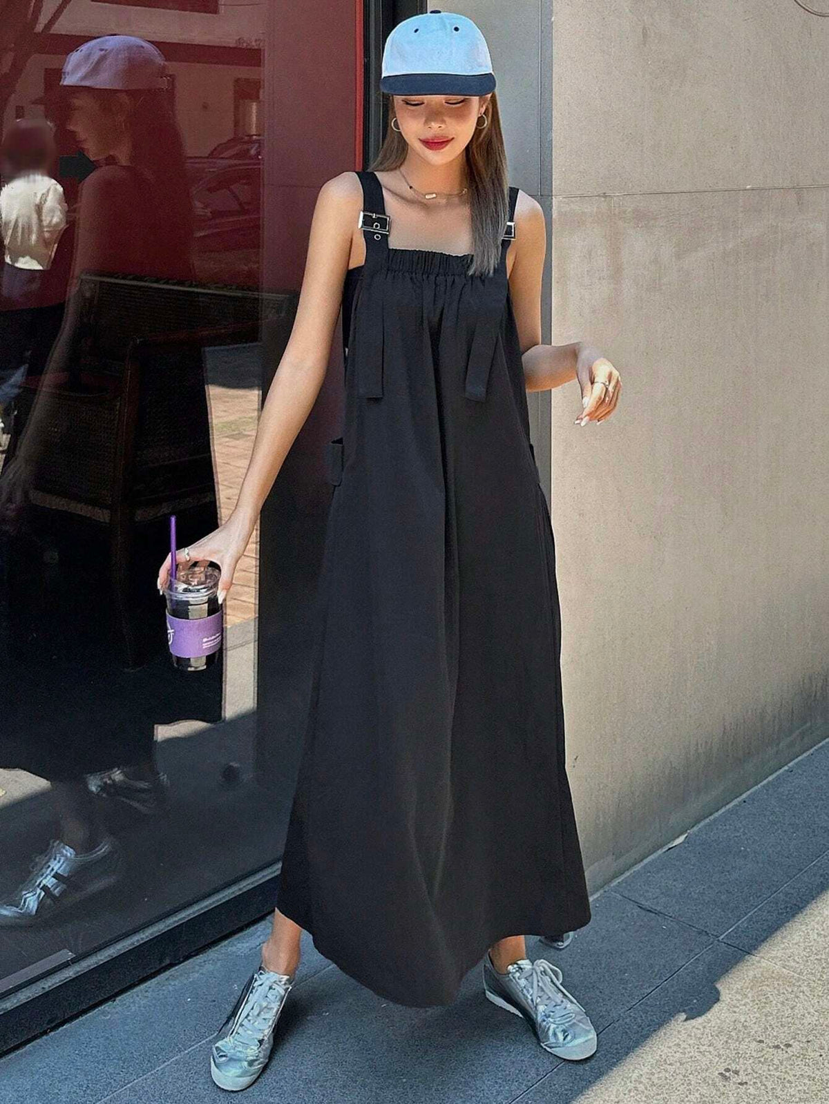 DAZY Women's Summer Casual Solid Color Suspenders Dress
