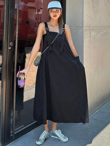 DAZY Women's Summer Casual Solid Color Suspenders Dress
