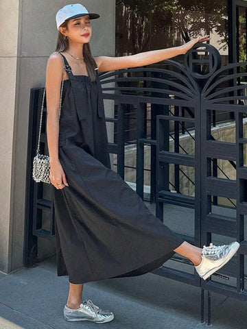 DAZY Women's Summer Casual Solid Color Suspenders Dress