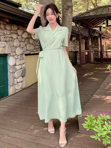 DAZY Women's Summer Casual Solid Color Wrap Cinched Waist Dress