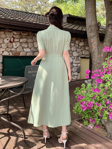 DAZY Women's Summer Casual Solid Color Wrap Cinched Waist Dress