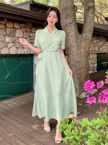 DAZY Women's Summer Casual Solid Color Wrap Cinched Waist Dress
