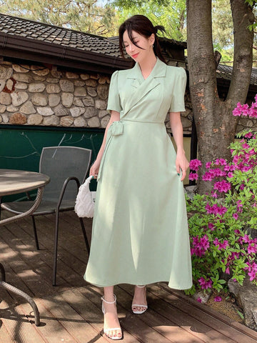 DAZY Women's Summer Casual Solid Color Wrap Cinched Waist Dress