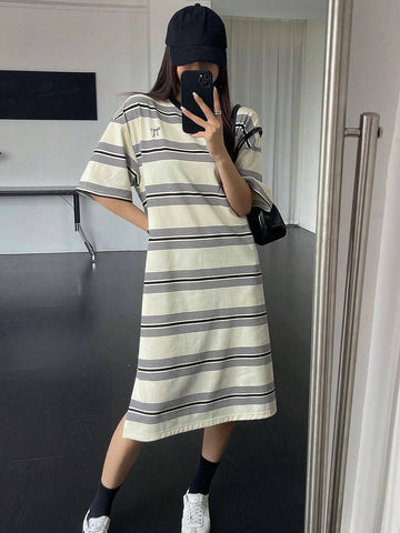 DAZY Women's Summer Casual Striped Color Block Bowknot Printed Short Sleeve Dress