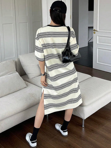 DAZY Women's Summer Casual Striped Color Block Bowknot Printed Short Sleeve Dress