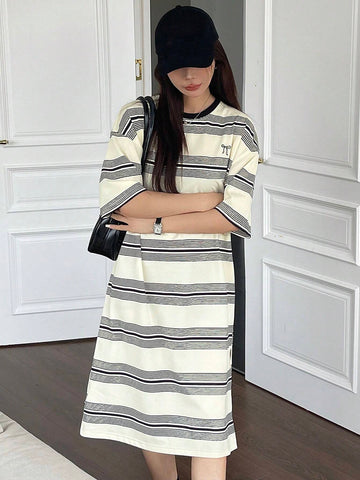 DAZY Women's Summer Casual Striped Color Block Bowknot Printed Short Sleeve Dress