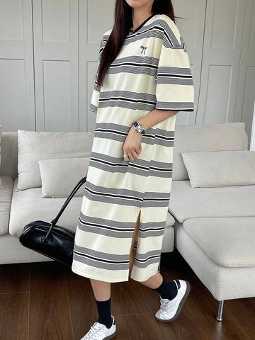 DAZY Women's Summer Casual Striped Color Block Bowknot Printed Short Sleeve Dress