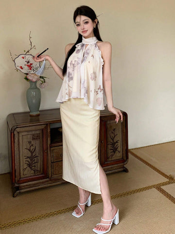 DAZY Women's Summer Elegant Flower & Butterfly Printed Halter Top And Solid Color Side Slit Skirt Set