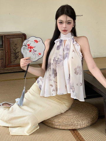 DAZY Women's Summer Elegant Flower & Butterfly Printed Halter Top And Solid Color Side Slit Skirt Set