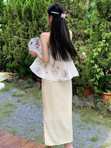 DAZY Women's Summer Elegant Flower & Butterfly Printed Halter Top And Solid Color Side Slit Skirt Set