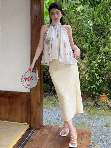 DAZY Women's Summer Elegant Flower & Butterfly Printed Halter Top And Solid Color Side Slit Skirt Set