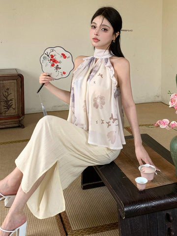 DAZY Women's Summer Elegant Flower & Butterfly Printed Halter Top And Solid Color Side Slit Skirt Set