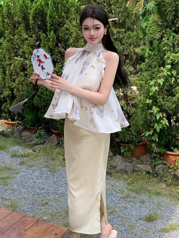 DAZY Women's Summer Elegant Flower & Butterfly Printed Halter Top And Solid Color Side Slit Skirt Set