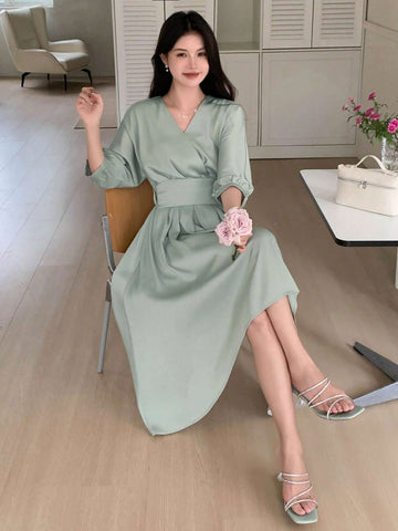 DAZY Women's Summer Elegant Solid Color Lantern Sleeve Cinched Waist Dress