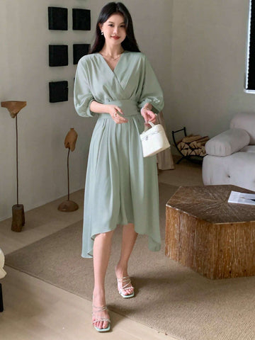 DAZY Women's Summer Elegant Solid Color Lantern Sleeve Cinched Waist Dress