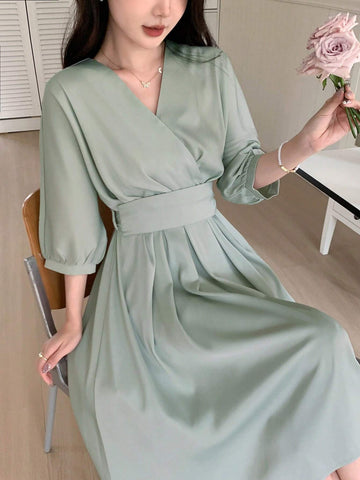 DAZY Women's Summer Elegant Solid Color Lantern Sleeve Cinched Waist Dress