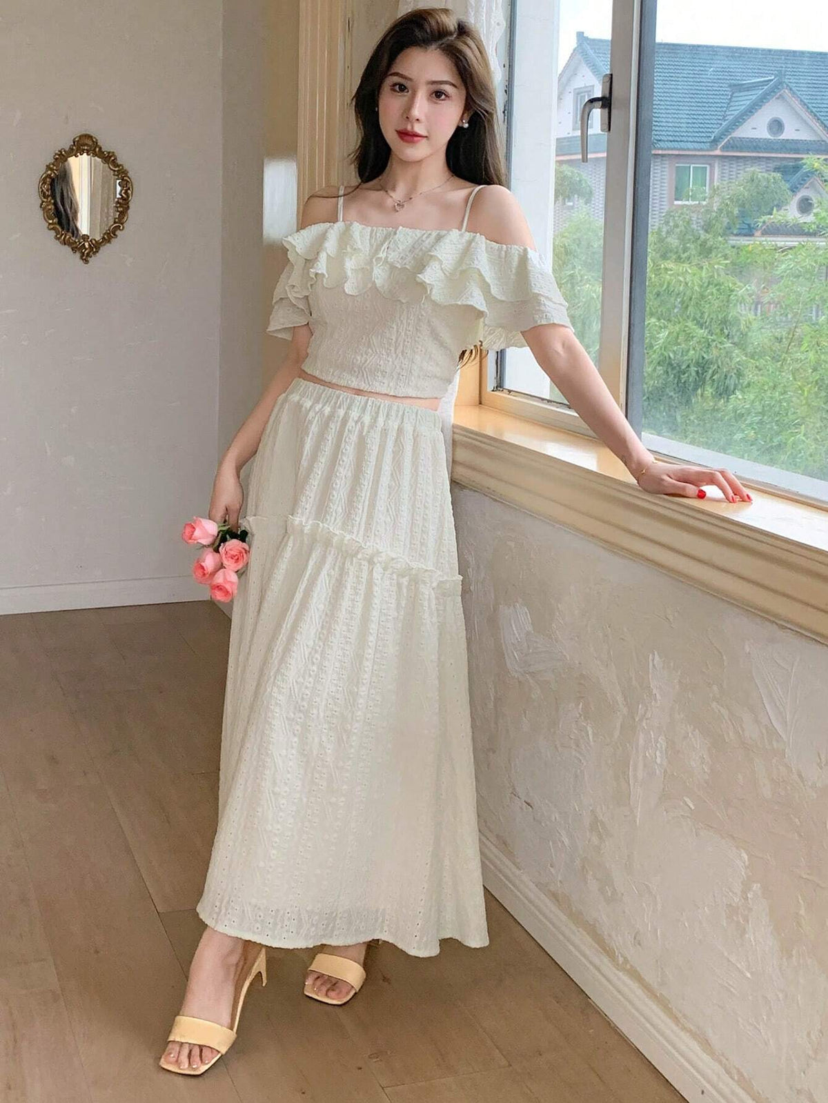 DAZY Women's Summer Elegant Solid Color Off-Shoulder Ruffle Hem Camisole Top And Long Skirt Set