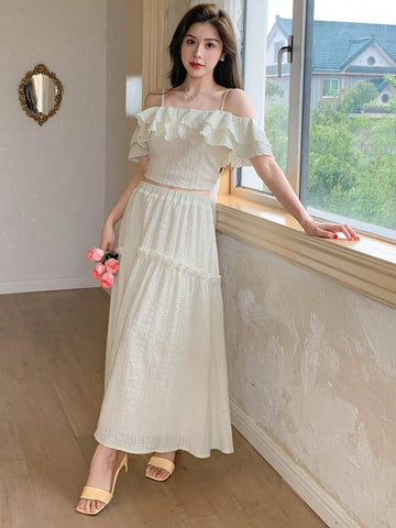 DAZY Women's Summer Elegant Solid Color Off-Shoulder Ruffle Hem Camisole Top And Long Skirt Set