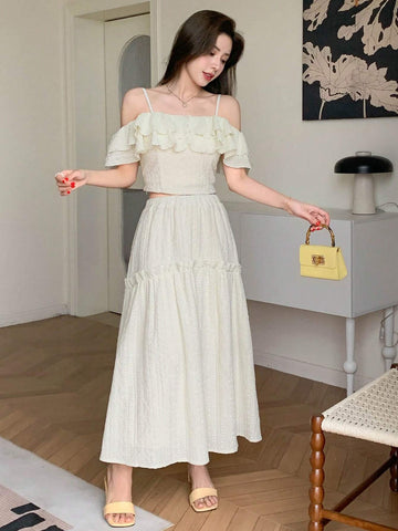 DAZY Women's Summer Elegant Solid Color Off-Shoulder Ruffle Hem Camisole Top And Long Skirt Set