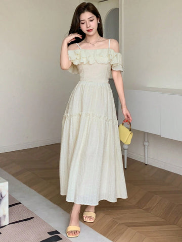 DAZY Women's Summer Elegant Solid Color Off-Shoulder Ruffle Hem Camisole Top And Long Skirt Set