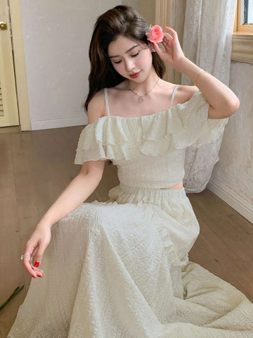 DAZY Women's Summer Elegant Solid Color Off-Shoulder Ruffle Hem Camisole Top And Long Skirt Set