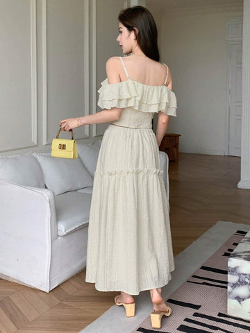 DAZY Women's Summer Elegant Solid Color Off-Shoulder Ruffle Hem Camisole Top And Long Skirt Set