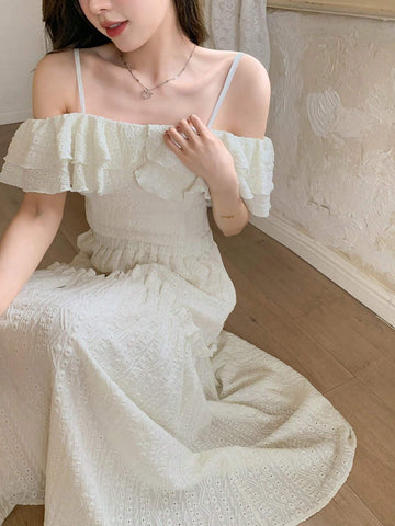 DAZY Women's Summer Elegant Solid Color Off-Shoulder Ruffle Hem Camisole Top And Long Skirt Set