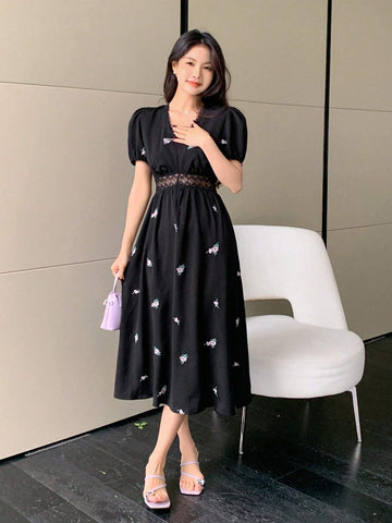 DAZY Women's Summer Floral Embroidery V-Neck Short Puff Sleeve Long Dress