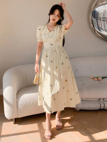 DAZY Women's Summer Floral Embroidery V Neck Short Puff Sleeve Long Dress
