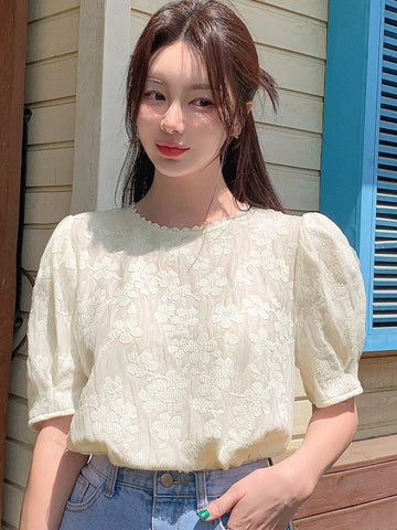 Women's Summer Holiday Textured Jacquard Collar Lace Puff Sleeve Shirt