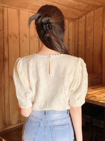 Women's Summer Holiday Textured Jacquard Collar Lace Puff Sleeve Shirt