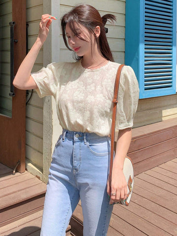 Women's Summer Holiday Textured Jacquard Collar Lace Puff Sleeve Shirt