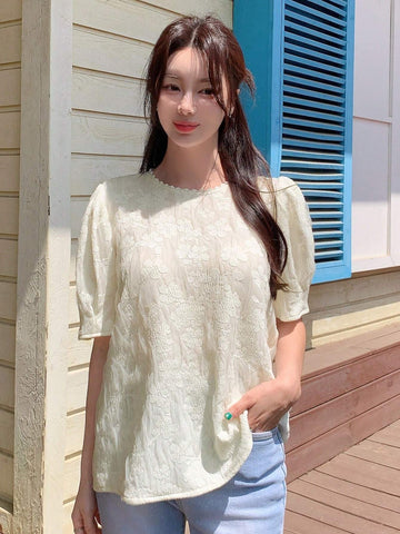 Women's Summer Holiday Textured Jacquard Collar Lace Puff Sleeve Shirt