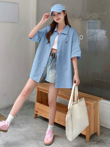 DAZY Women's Summer Loose Butterfly Print Drop-Shoulder Short Sleeve Casual Blouse