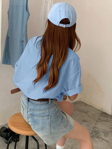 DAZY Women's Summer Loose Butterfly Print Drop-Shoulder Short Sleeve Casual Blouse