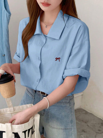 DAZY Women's Summer Loose Butterfly Print Drop-Shoulder Short Sleeve Casual Blouse