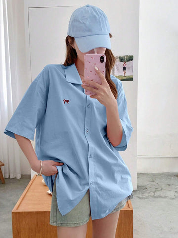 DAZY Women's Summer Loose Butterfly Print Drop-Shoulder Short Sleeve Casual Blouse