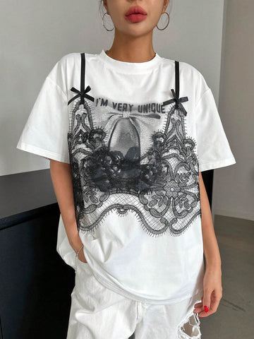 Women's Summer Loose Casual Slogan Lace Trim Drop-Shoulder T-Shirt, Graphic Tee