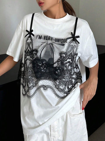 Women's Summer Loose Casual Slogan Lace Trim Drop-Shoulder T-Shirt, Graphic Tee