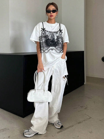 Women's Summer Loose Casual Slogan Lace Trim Drop-Shoulder T-Shirt, Graphic Tee