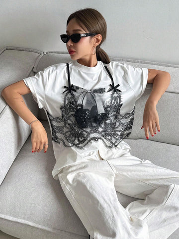 Women's Summer Loose Casual Slogan Lace Trim Drop-Shoulder T-Shirt, Graphic Tee