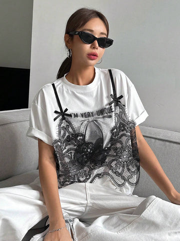 Women's Summer Loose Casual Slogan Lace Trim Drop-Shoulder T-Shirt, Graphic Tee