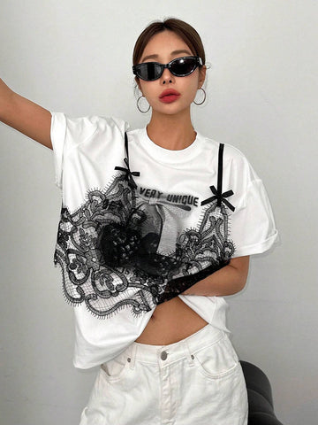 Women's Summer Loose Casual Slogan Lace Trim Drop-Shoulder T-Shirt, Graphic Tee