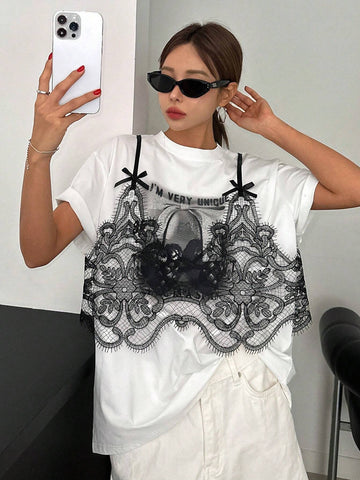 Women's Summer Loose Casual Slogan Lace Trim Drop-Shoulder T-Shirt, Graphic Tee