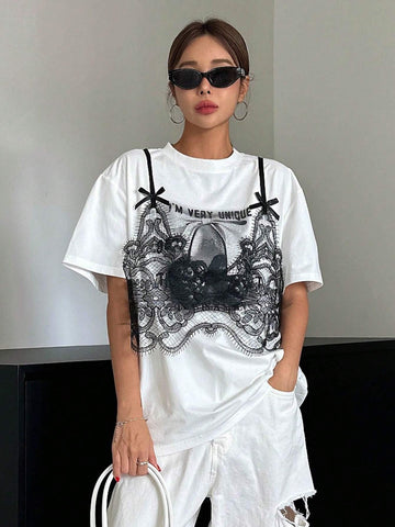Women's Summer Loose Casual Slogan Lace Trim Drop-Shoulder T-Shirt, Graphic Tee