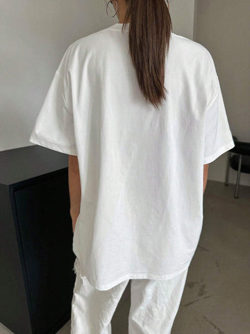 Women's Summer Loose Casual Slogan Lace Trim Drop-Shoulder T-Shirt, Graphic Tee